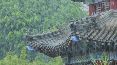 中式建筑雨天屋檐雨滴雨水雨景